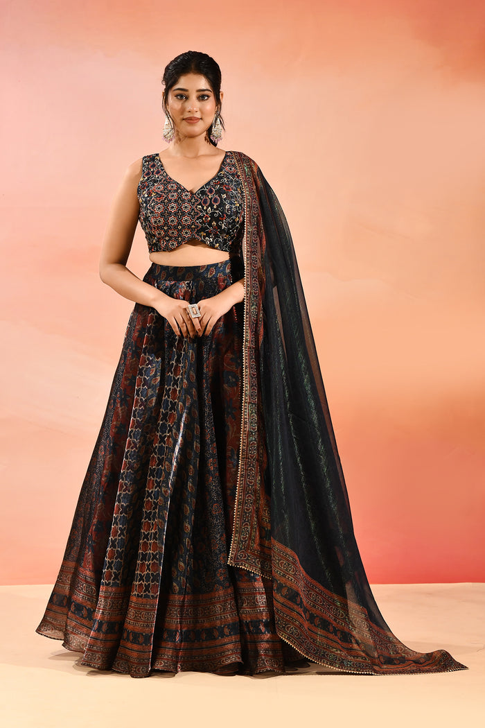 Navy Ajrakh Printed Organza Tissue Lehenga