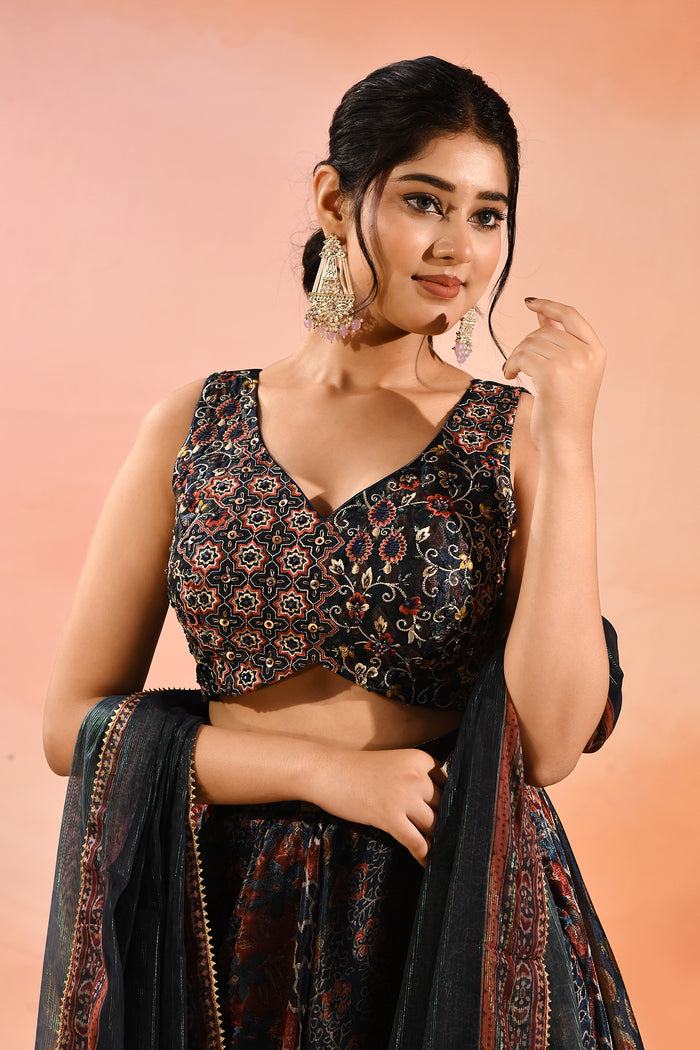 Navy Ajrakh Printed Organza Tissue Lehenga