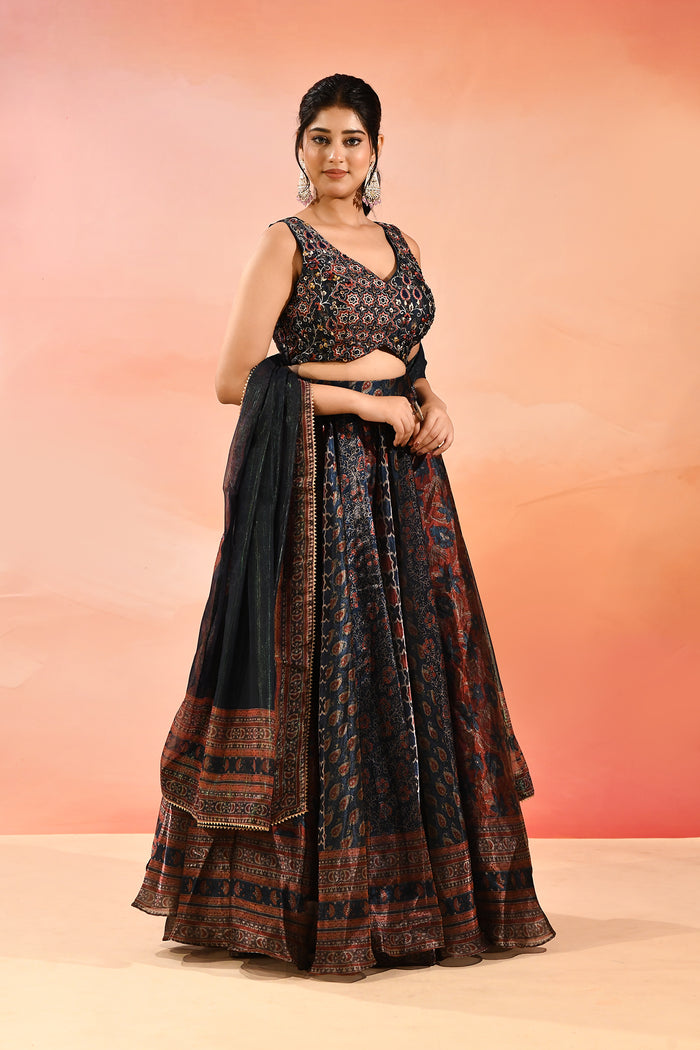 Navy Ajrakh Printed Organza Tissue Lehenga