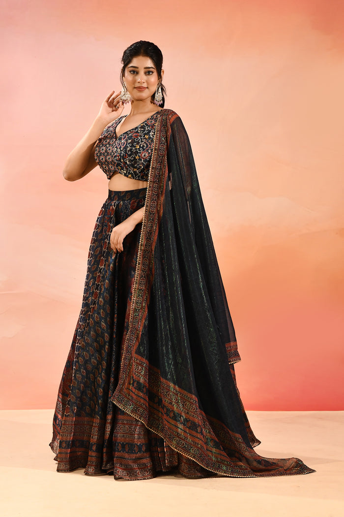 Navy Ajrakh Printed Organza Tissue Lehenga