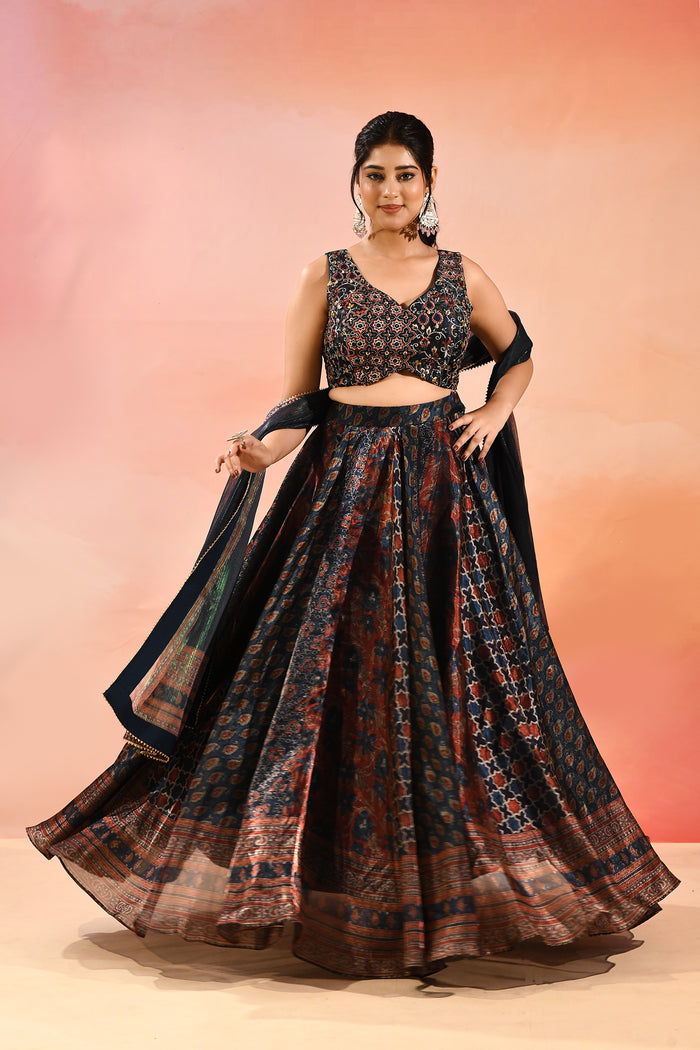 Navy Ajrakh Printed Organza Tissue Lehenga