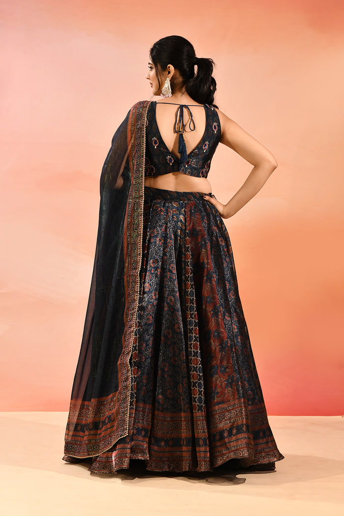 Navy Ajrakh Printed Organza Tissue Lehenga