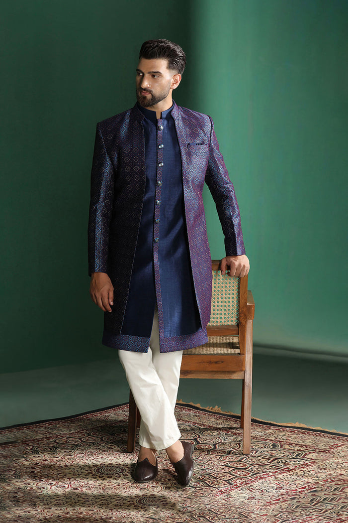Navy Blue And White Jacquard Sherwani Set
