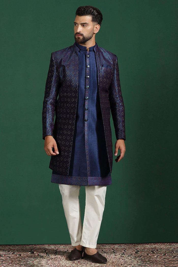Navy Blue And White Jacquard Sherwani Set