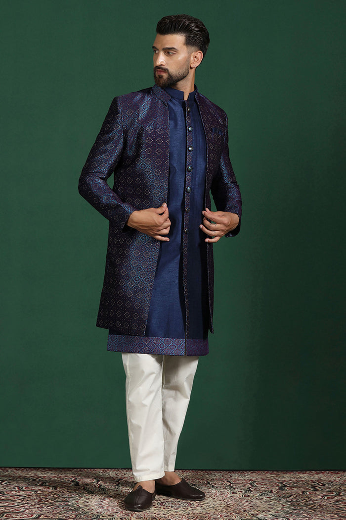 Navy Blue And White Jacquard Sherwani Set