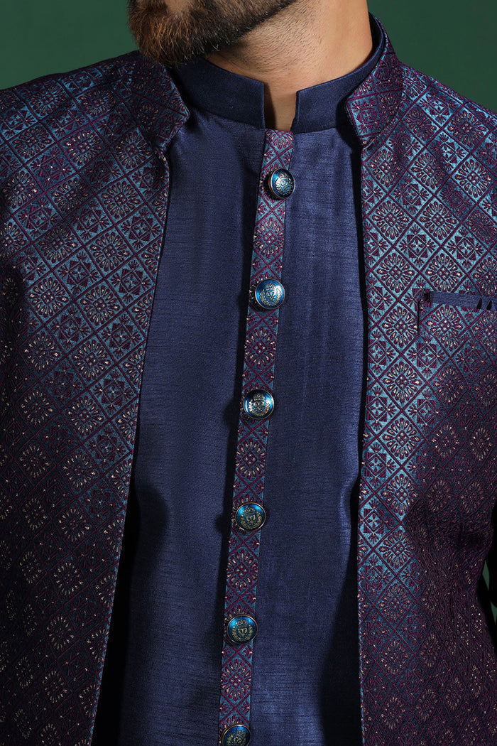 Navy Blue And White Jacquard Sherwani Set