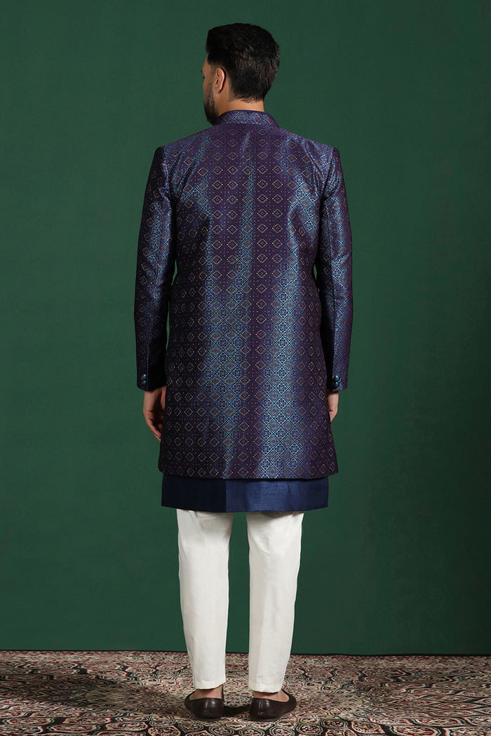 Navy Blue And White Jacquard Sherwani Set