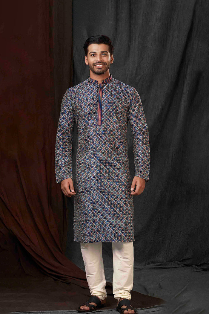 Navy Blue Art Silk Digital Printed Kurta Set
