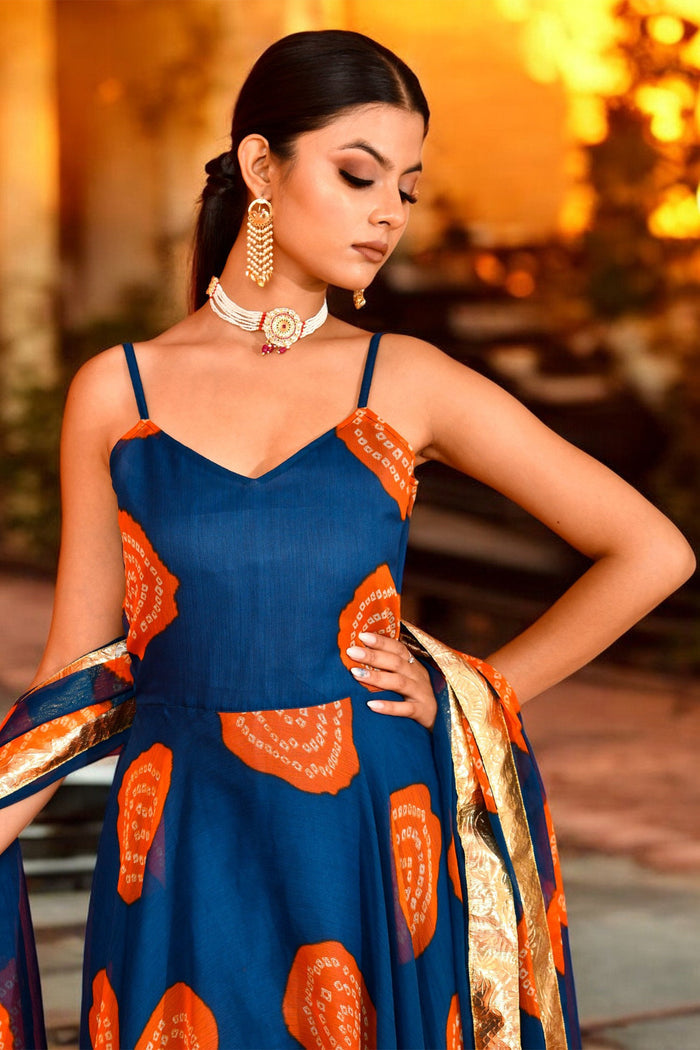 <img> Navy Blue Chiffon Anarkali Set