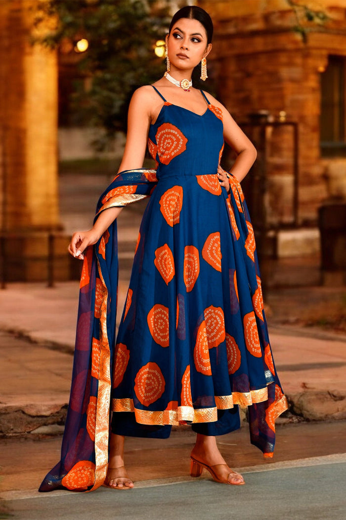 <img> Navy Blue Chiffon Anarkali Set
