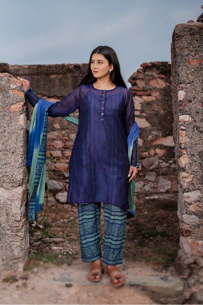 <img> Navy Blue Cotton Kurta Set With Hand Embroidery