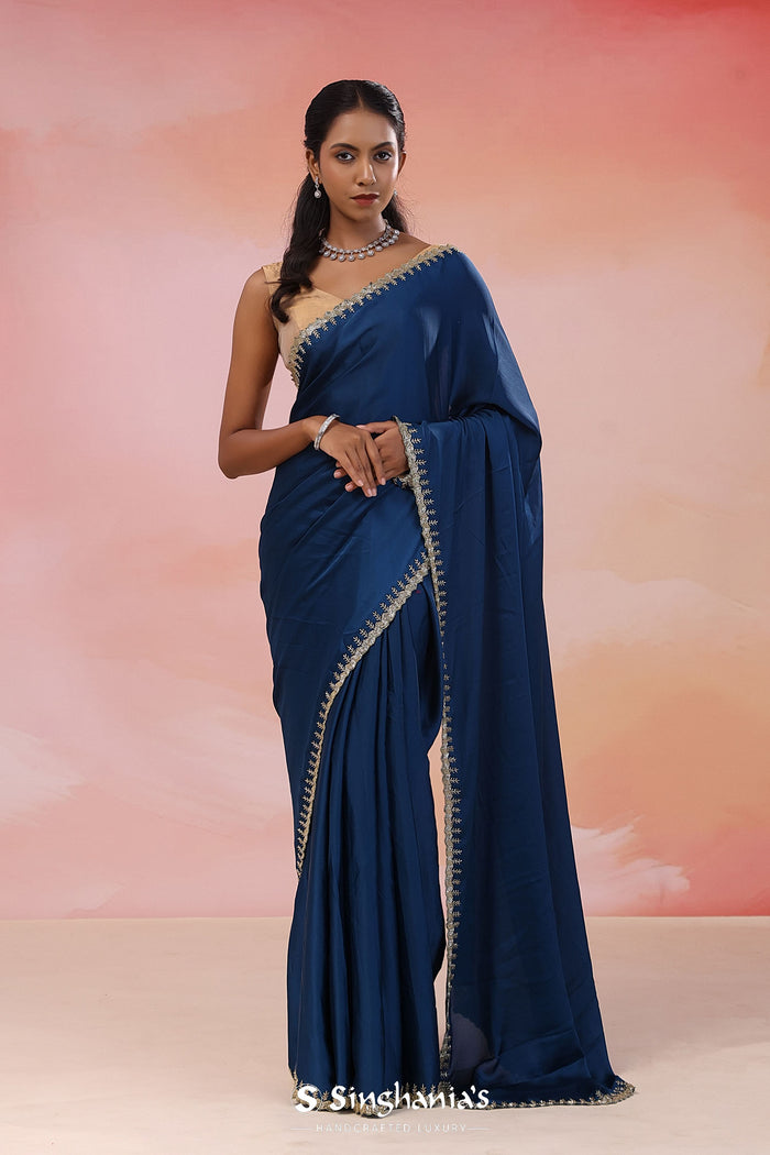 Navy Blue Crepe Saree With Fancy Border