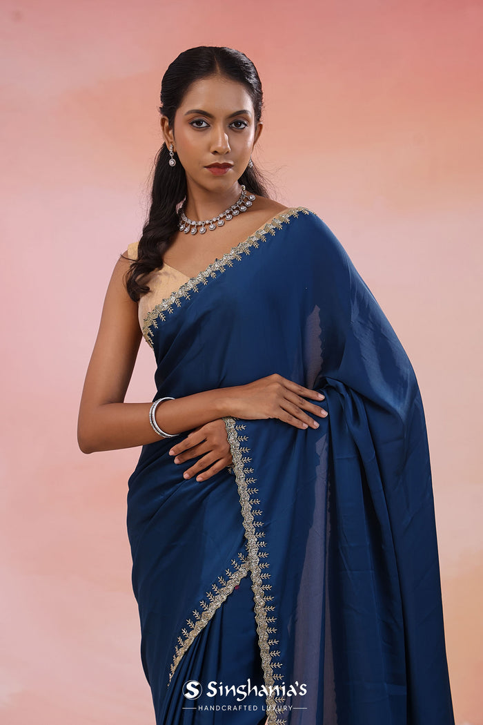 Navy Blue Crepe Saree With Fancy Border