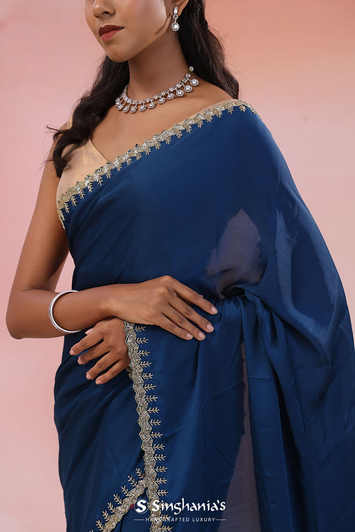 Navy Blue Crepe Saree With Fancy Border