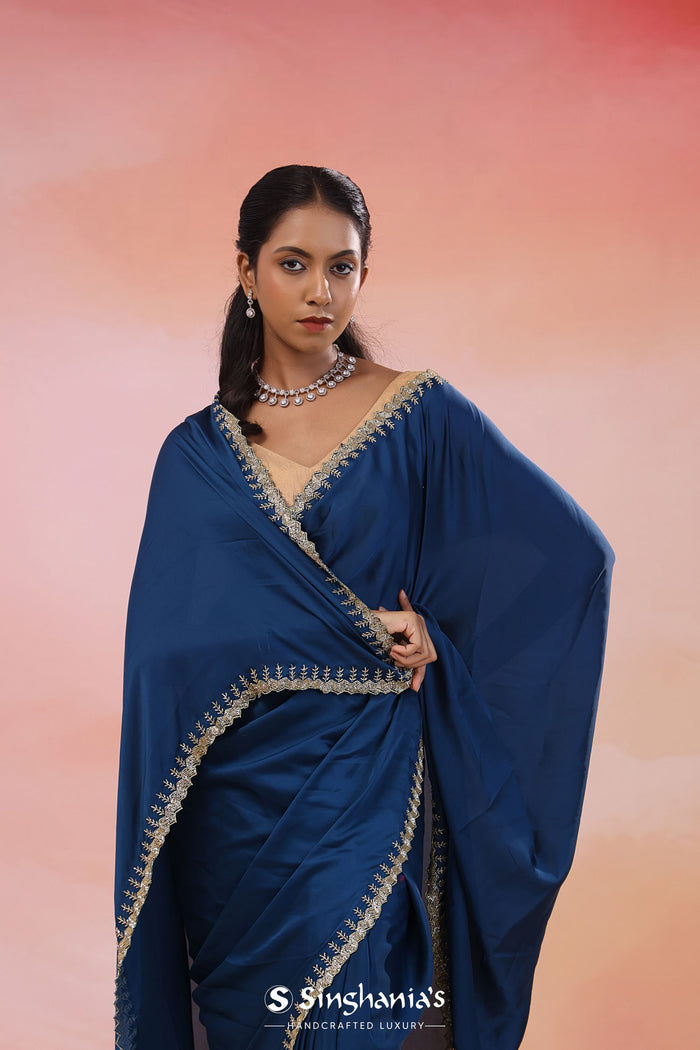 Navy Blue Crepe Saree With Fancy Border