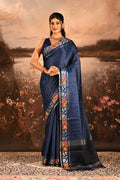 Navy Blue Dotted Weave With Rose And Leaf Motif Border Designer Saree