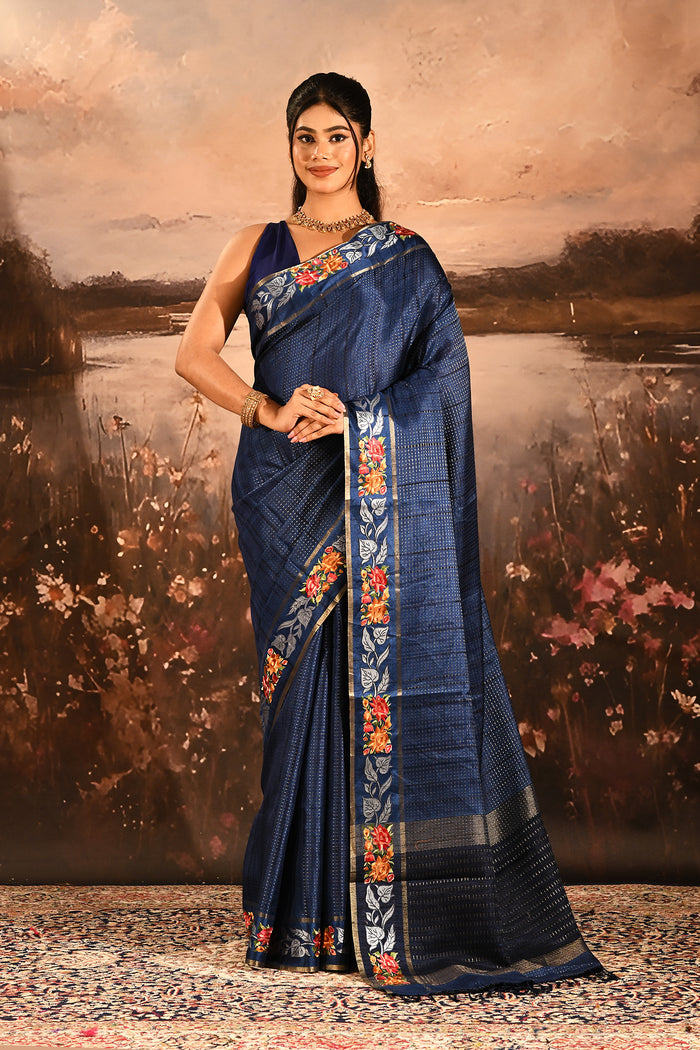 Navy Blue Dotted Weave With Rose And Leaf Motif Border Designer Saree