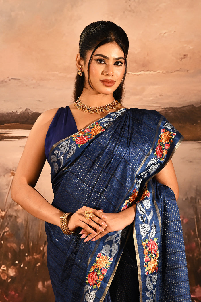 Navy Blue Dotted Weave With Rose And Leaf Motif Border Designer Saree