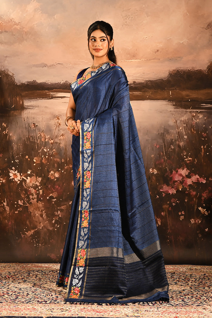 Navy Blue Dotted Weave With Rose And Leaf Motif Border Designer Saree