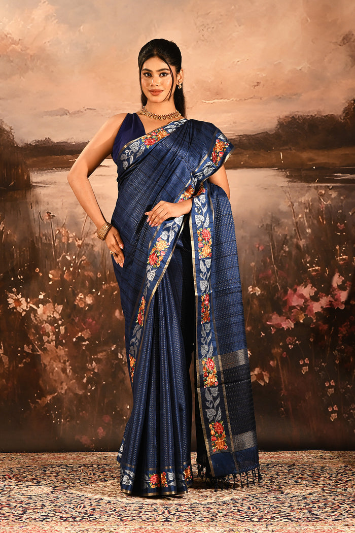 Navy Blue Dotted Weave With Rose And Leaf Motif Border Designer Saree