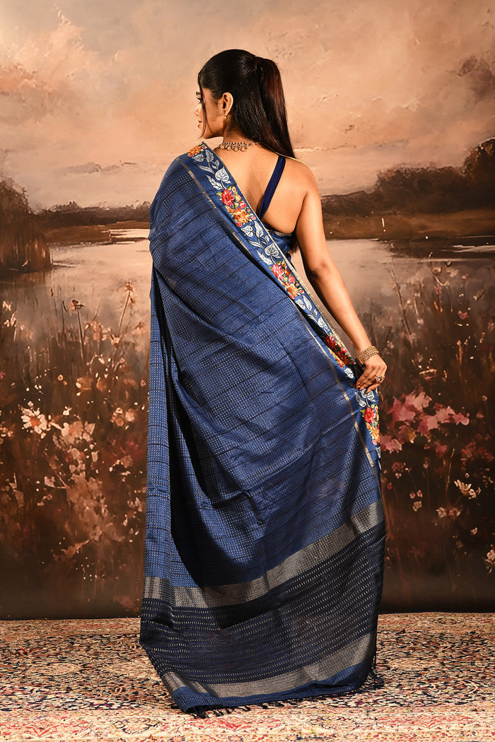 Navy Blue Dotted Weave With Rose And Leaf Motif Border Designer Saree