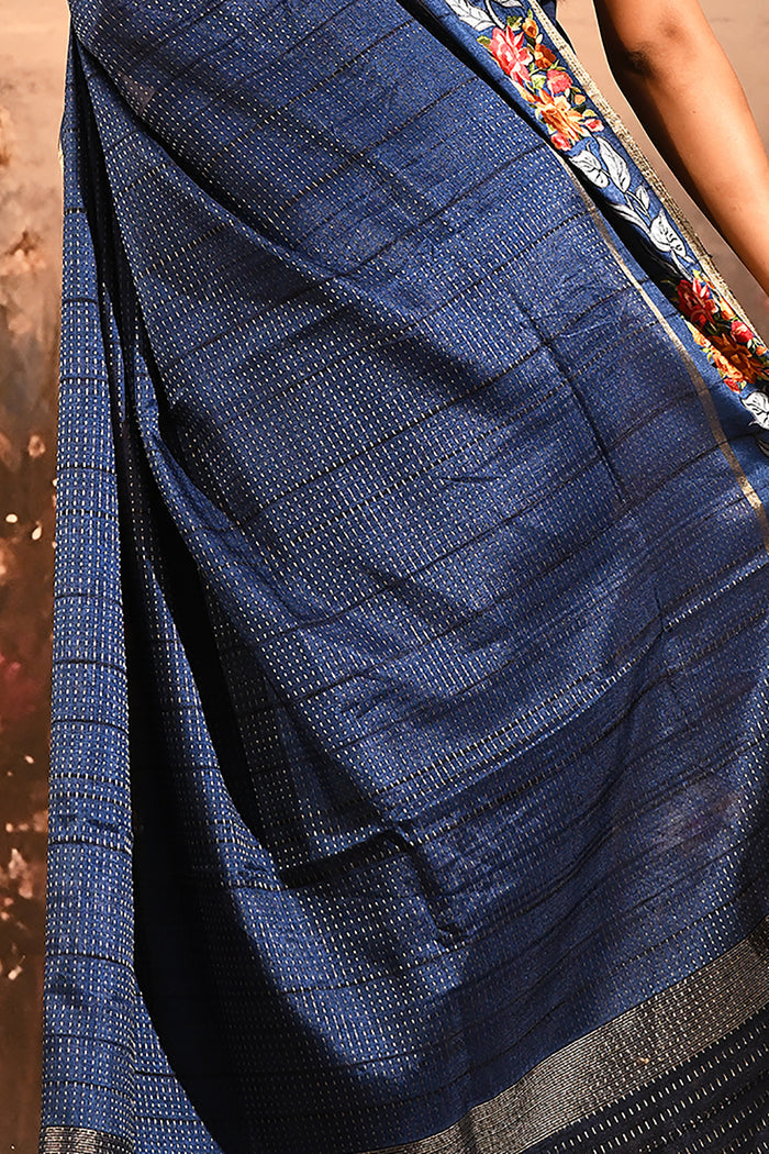 Navy Blue Dotted Weave With Rose And Leaf Motif Border Designer Saree