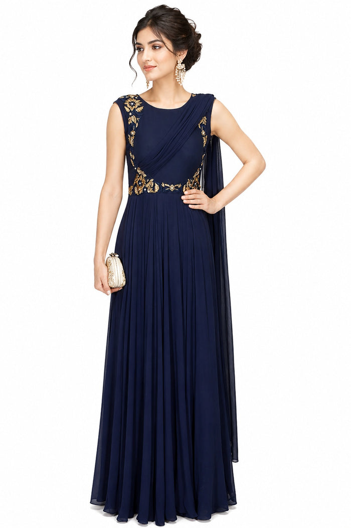 Navy Blue Floral Embroidered Indo Western Gown