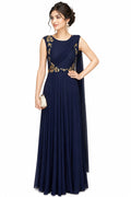 Navy Blue Floral Embroidered Indo Western Gown