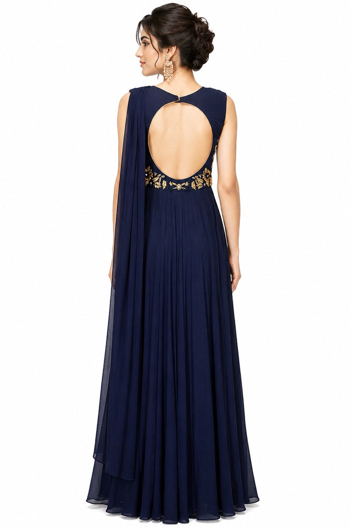 Navy Blue Floral Embroidered Indo Western Gown