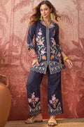Navy Blue Floral Embroidered Polyester Co-Ord Set