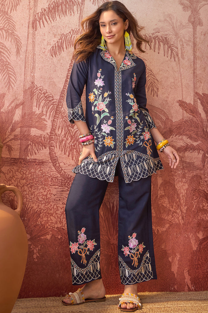 Navy Blue Floral Embroidered Polyester Co-Ord Set