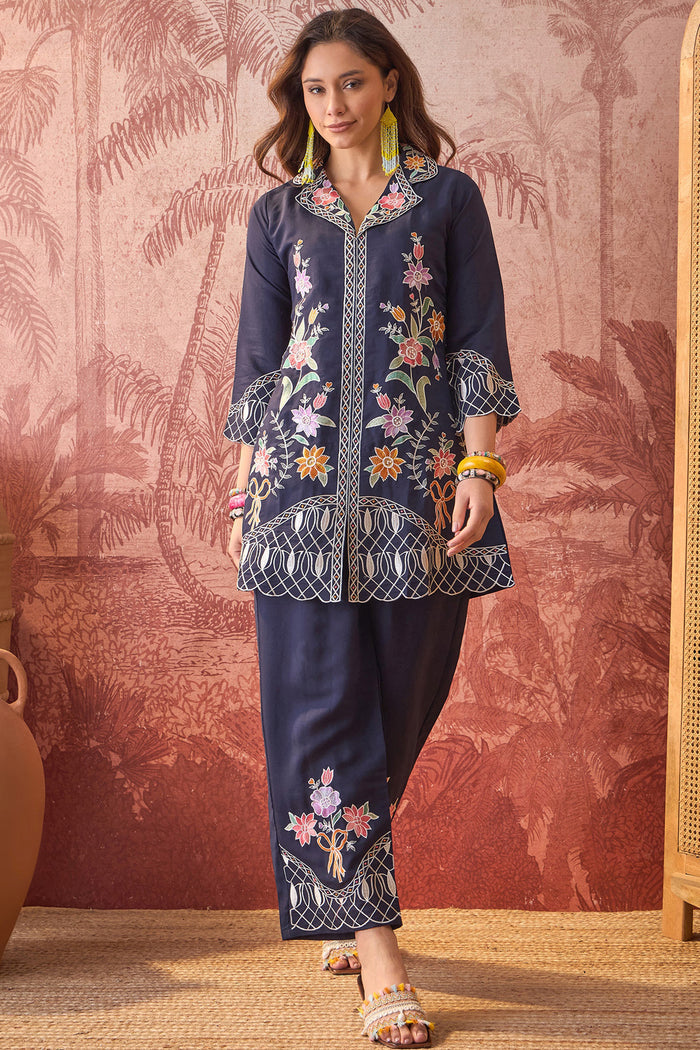Navy Blue Floral Embroidered Polyester Co-Ord Set