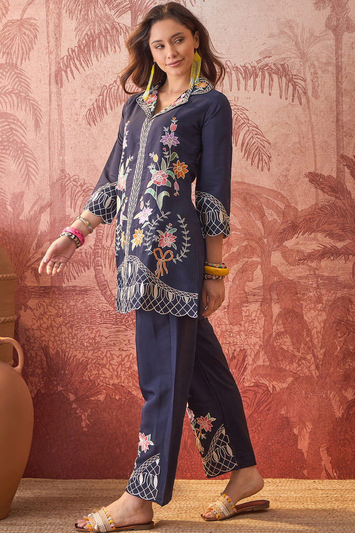 Navy Blue Floral Embroidered Polyester Co-Ord Set