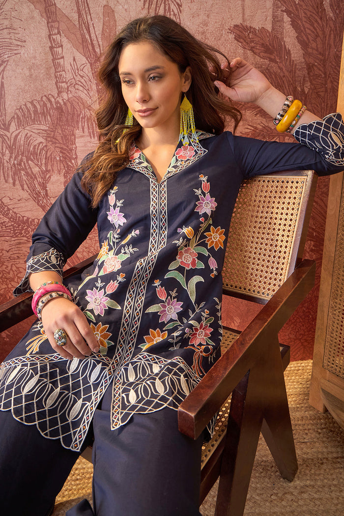 Navy Blue Floral Embroidered Polyester Co-Ord Set