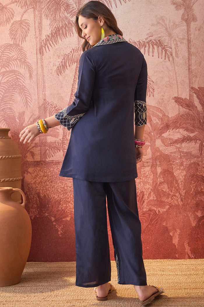 Navy Blue Floral Embroidered Polyester Co-Ord Set