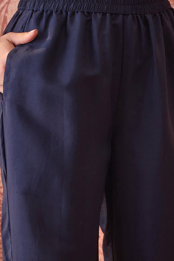 Navy Blue Floral Embroidered Polyester Co-Ord Set