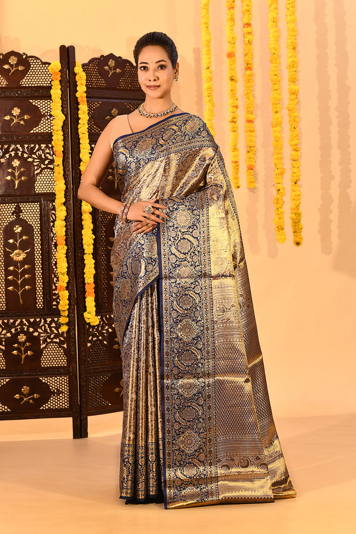 Navy Blue Floral Kanjivaram Tissue Saree
