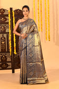 Navy Blue Floral Kanjivaram Tissue Saree