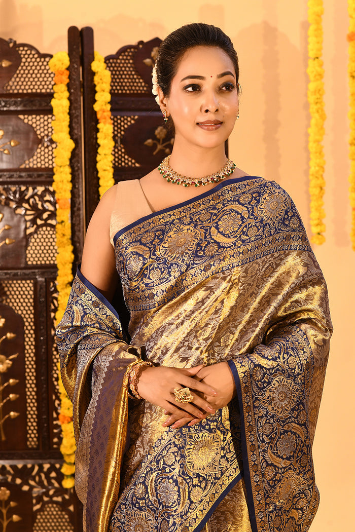 Navy Blue Floral Kanjivaram Tissue Saree