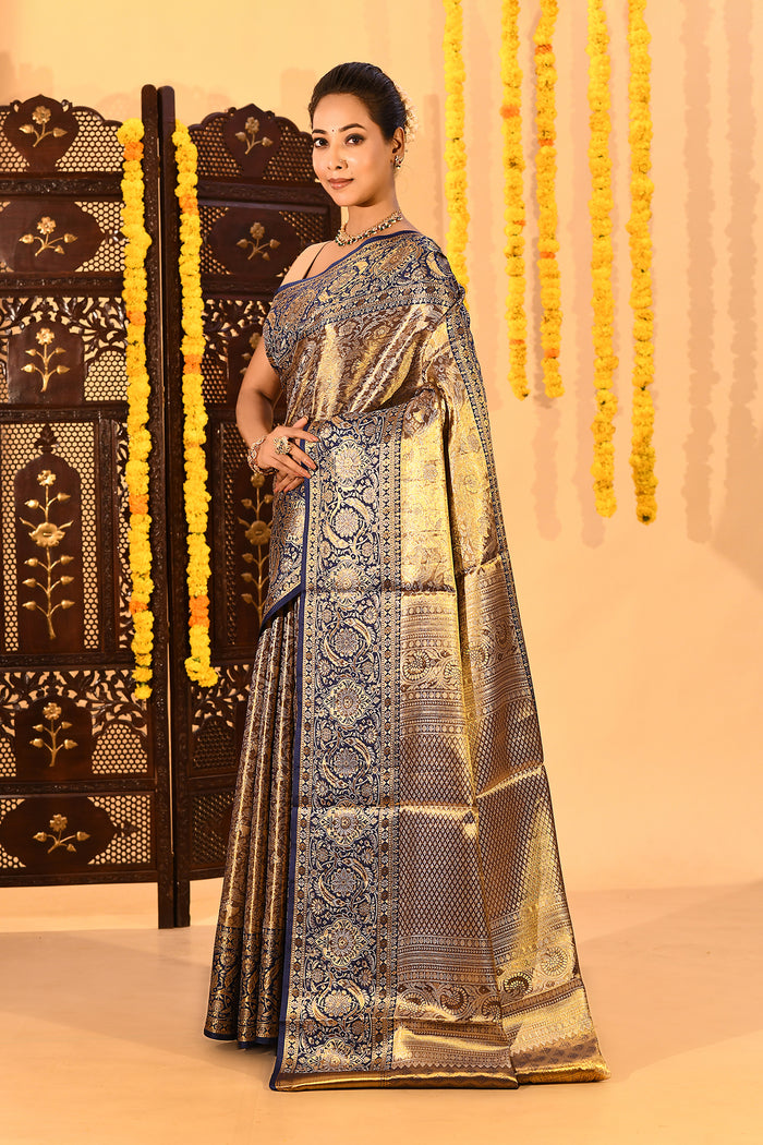 Navy Blue Floral Kanjivaram Tissue Saree