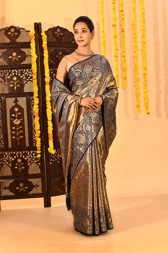 Navy Blue Floral Kanjivaram Tissue Saree