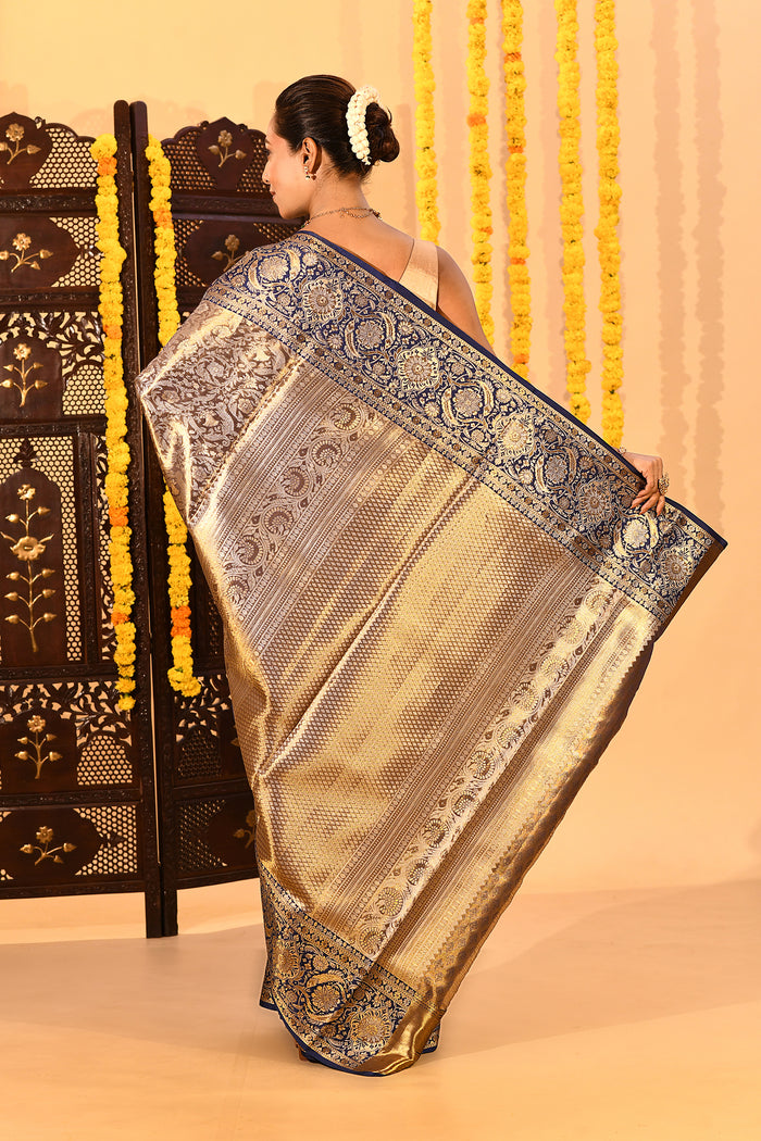 Navy Blue Floral Kanjivaram Tissue Saree
