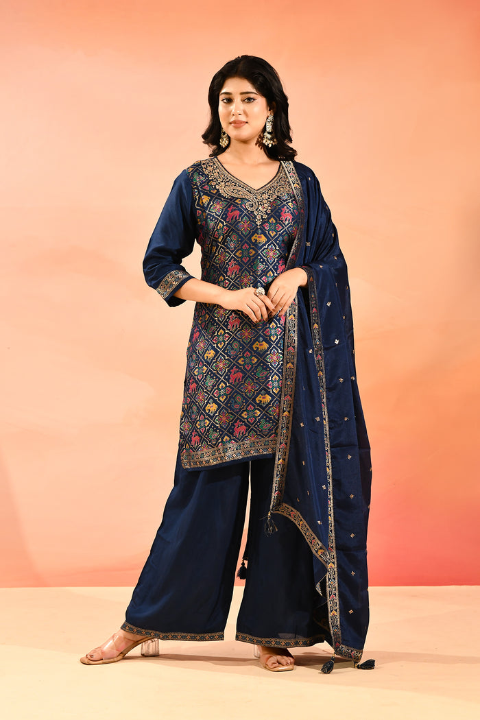 Navy Blue Geometric Animal Motif Silk Blend Straight Cut Set