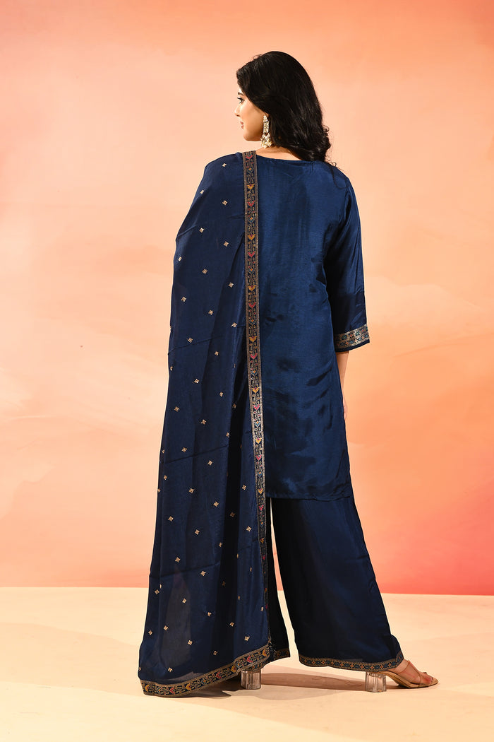 Navy Blue Geometric Animal Motif Silk Blend Straight Cut Set