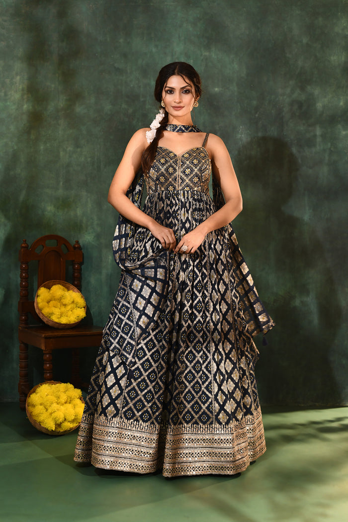 Navy Blue Georgette Bandhani Anarkali Set