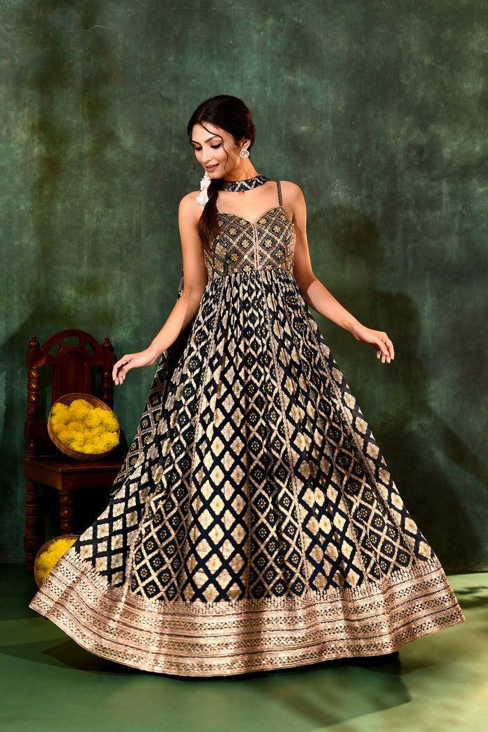 Navy Blue Georgette Bandhani Anarkali Set
