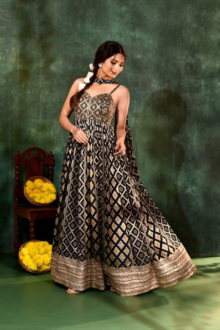 Navy Blue Georgette Bandhani Anarkali Set