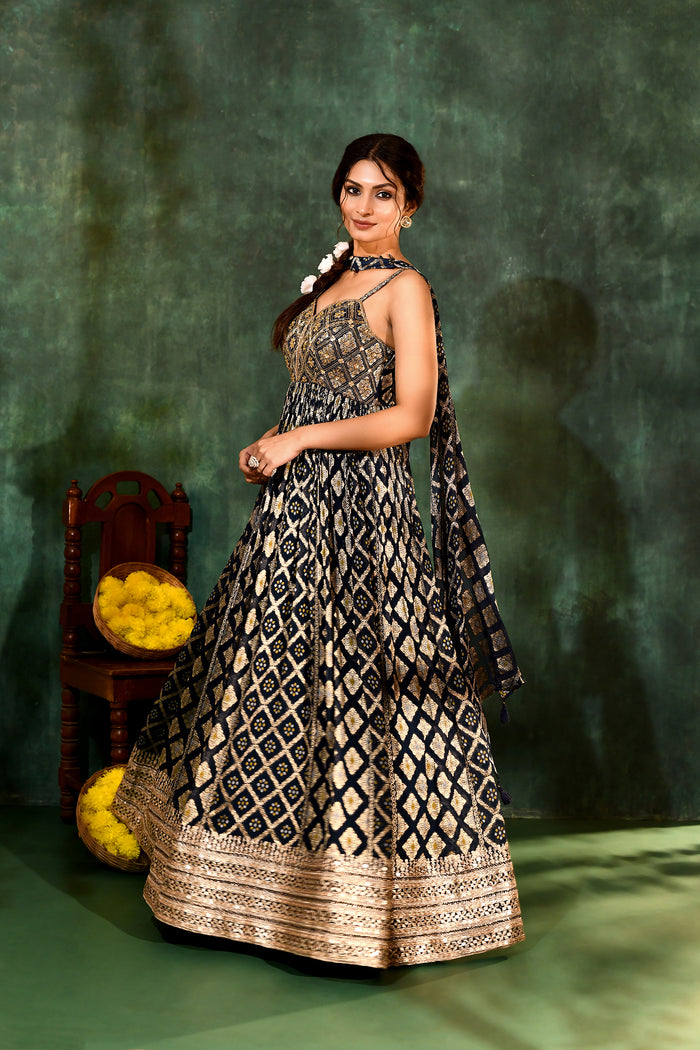 Navy Blue Georgette Bandhani Anarkali Set