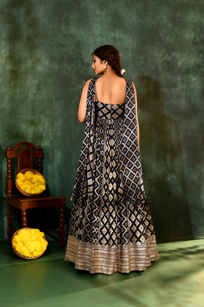 Navy Blue Georgette Bandhani Anarkali Set