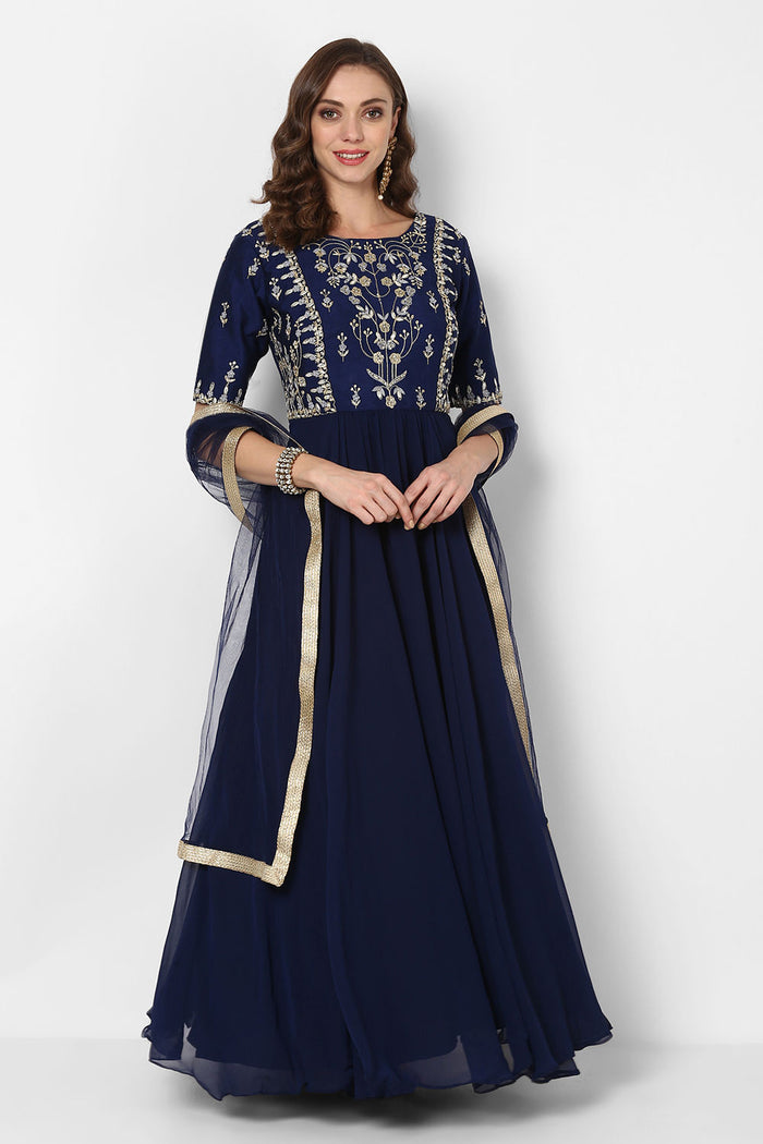 Navy Blue Gold Embroidered Anarkali Set